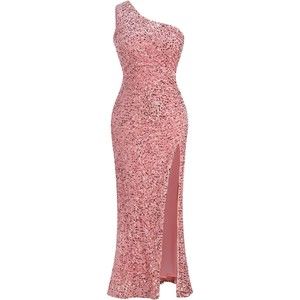 Womens Sequins Sexy Bodycon Dress One Shoulder Pink/Peach Size XL